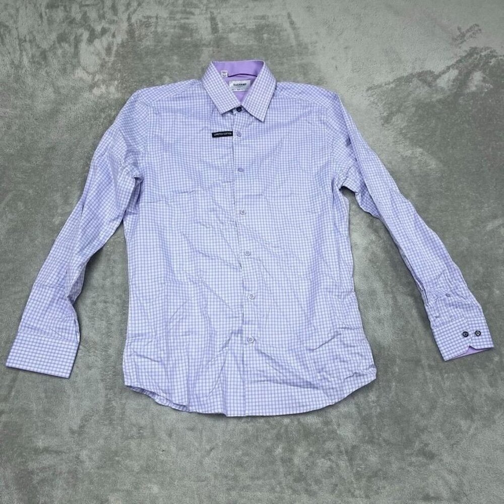 Duchamp Slim Fit Purple Checkered Button-Up Dress Shirt 16/L Long Sleeve a0308
